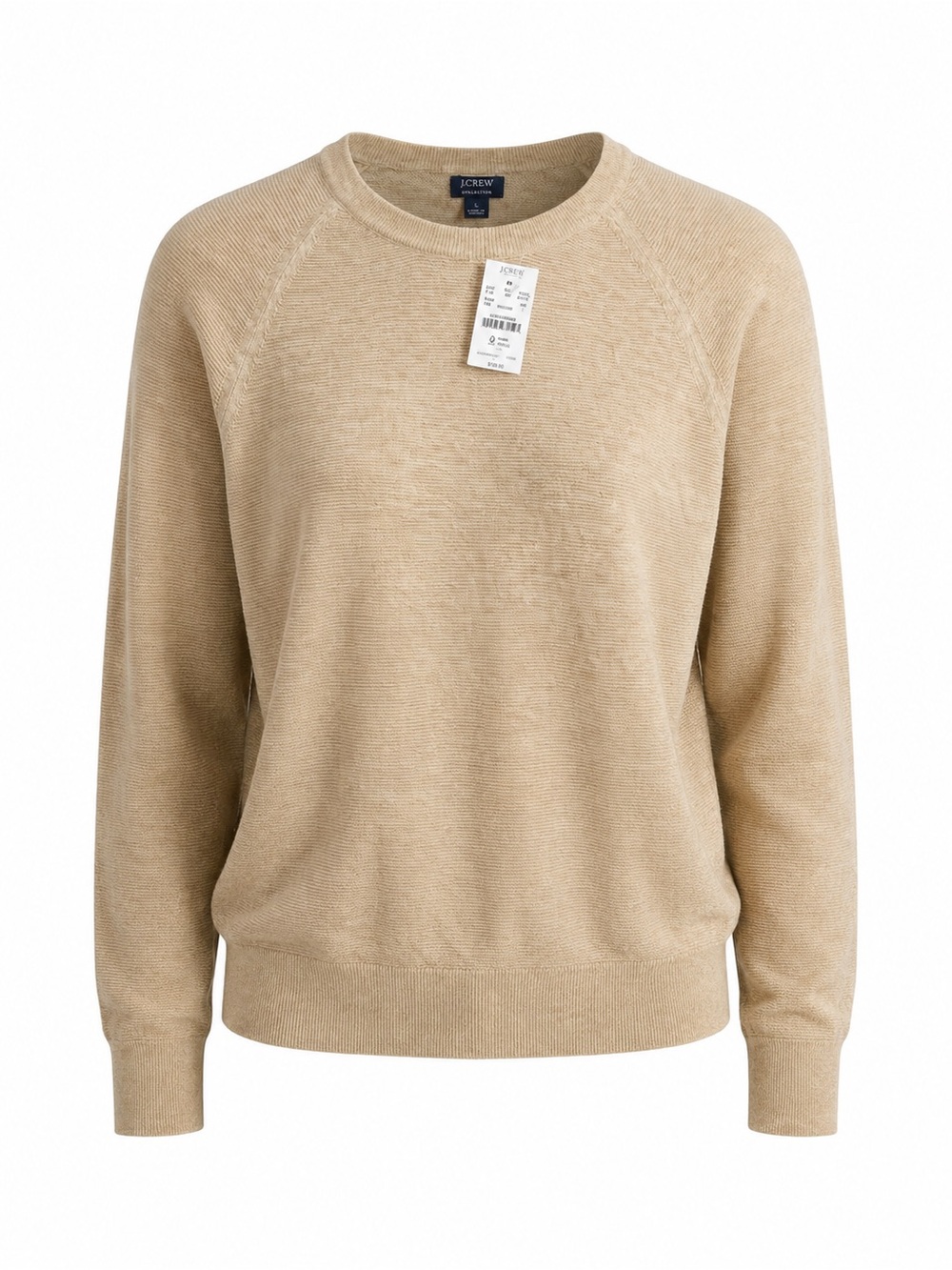 J.Crew NWT Oatmeal Light Beige Cotton Textured Knit Raglan Crewneck Sweater
